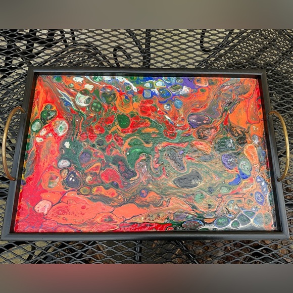 Gorgeous Handmade Original Colorfully Painted Wooden Brass Handle Serving Tray! - Picture 3 of 15